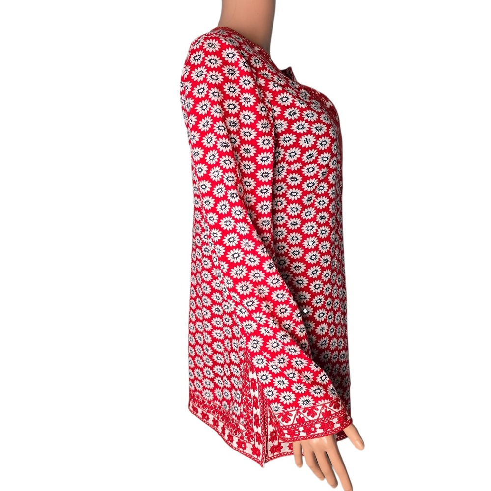 Tory Burch Red White Daisy Floral Embroidered Split Neck Tunic Top Size 10 - Picture 2 of 7